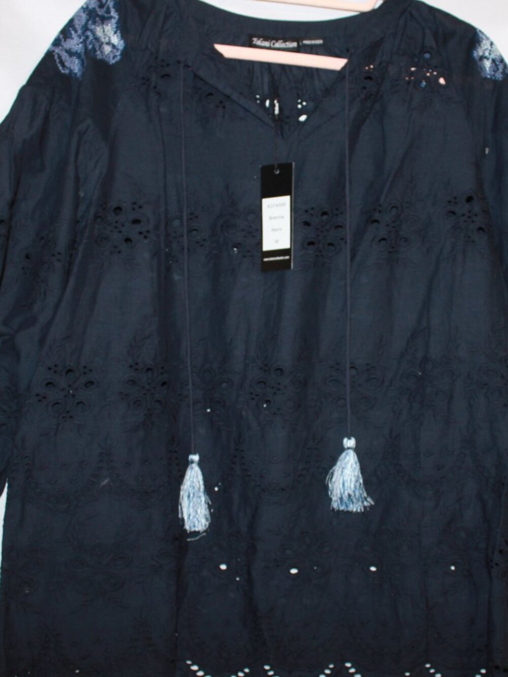 Tolani Collection Navy Blue Eyelet Embroidered Tunic Blouse & Pant Set